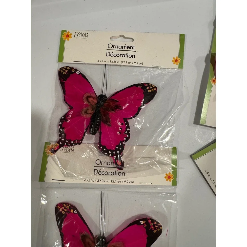 Floral Garden Butterfly Ornaments Pink Red Feather Picks Set of 9 NEW